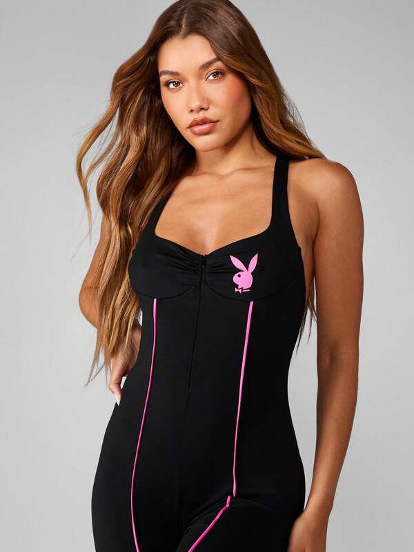 Missguided Missguided X Playboy Fitted Cross Back Full Length Jumpsuit With Bunny Logo
