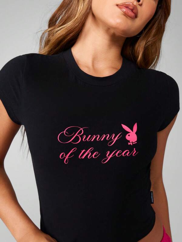 Missguided Missguided X Playboy Fitted Graphic Baby Tee With Script Print