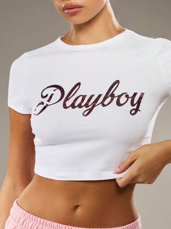 Missguided Missguided X Playboy Fitted Graphic Crop Tee With Script Text