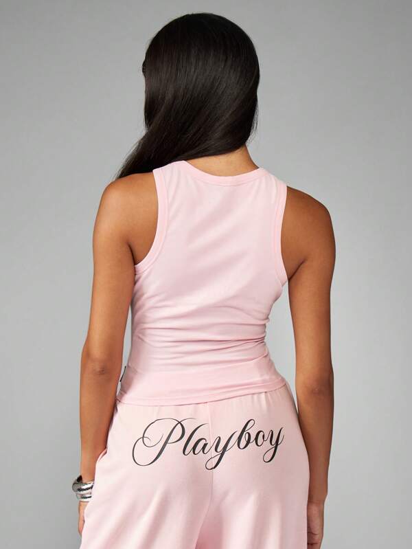 Missguided Missguided X Playboy Fitted High Neck Tank Top With Graphic Logo Print