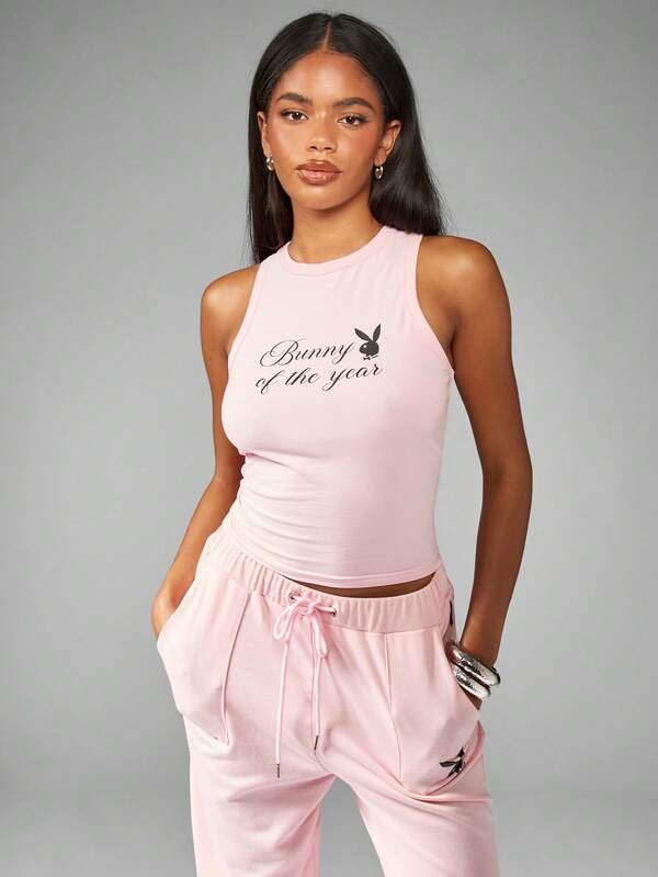 Missguided Missguided X Playboy Fitted High Neck Tank Top With Graphic Logo Print