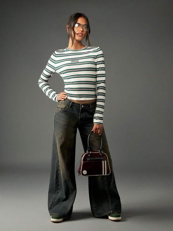 Missguided Missguided X Playboy Fitted Long Sleeve Striped Crew Neck Top