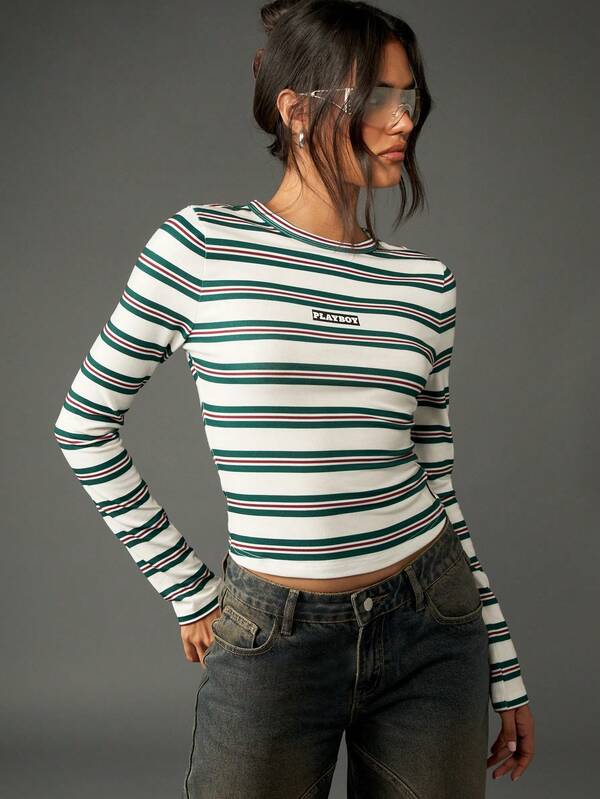 Missguided Missguided X Playboy Fitted Long Sleeve Striped Crew Neck Top