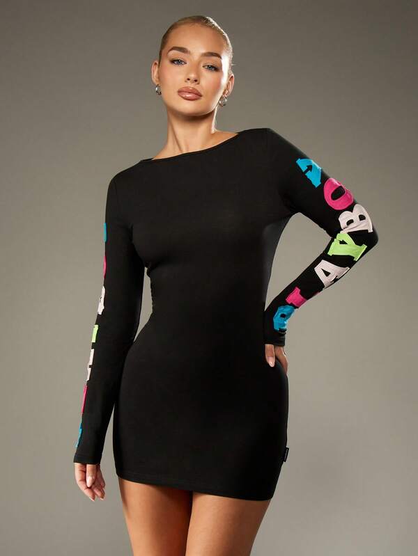 Missguided Missguided X Playboy Fitted Mini Dress With Text Applique Detail