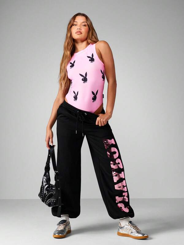 Missguided Missguided X Playboy Fitted Racerback Bodysuit With Bunny Print