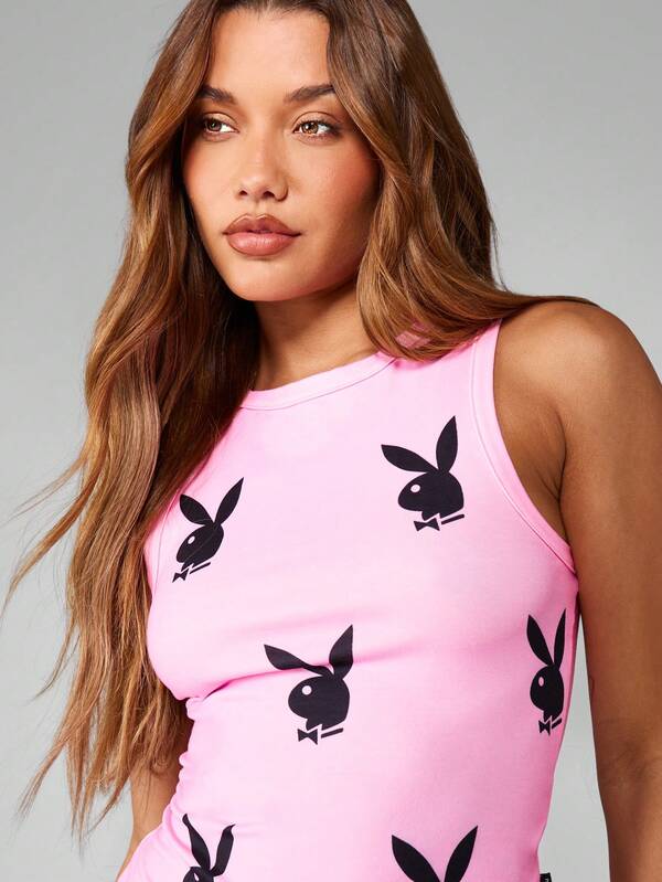 Missguided Missguided X Playboy Fitted Racerback Bodysuit With Bunny Print