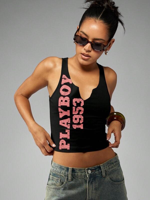 missguided Missguided x Playboy Fitted Racerback Crop Tank Top With Retro Text Print