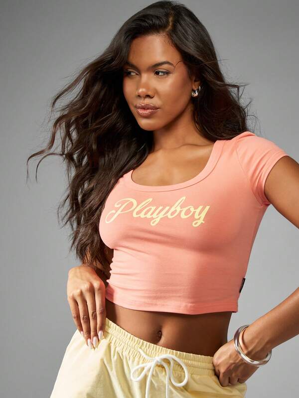 Missguided Missguided X Playboy Fitted Scoop Neck Crop T-Shirt
