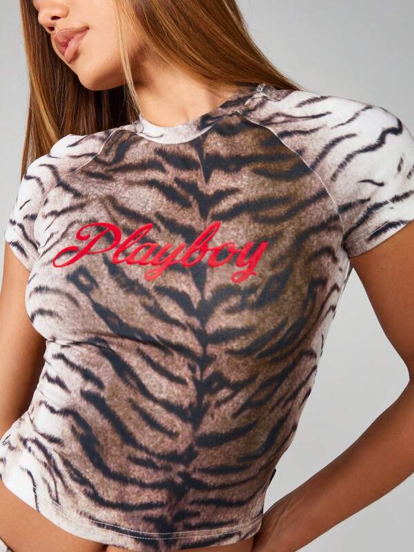 missguided Missguided x Playboy Fitted Tiger Print Crop T-Shirt With Raglan Sleeves