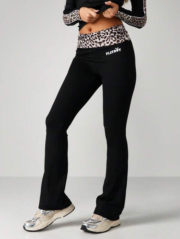 missguided Missguided x Playboy Flared Yoga Pants With Leopard Print Detail