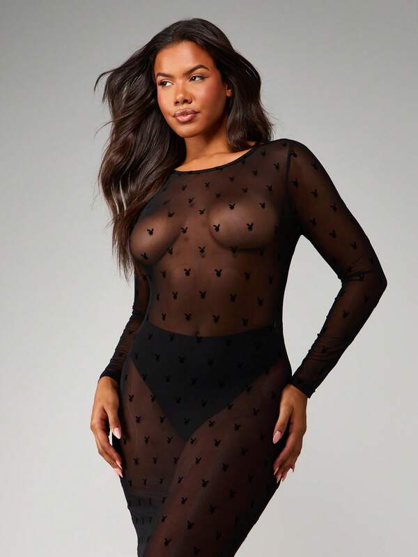 Missguided Missguided X Playboy Flocked Mesh Bunny Print Long Sleeve Maxi Dress