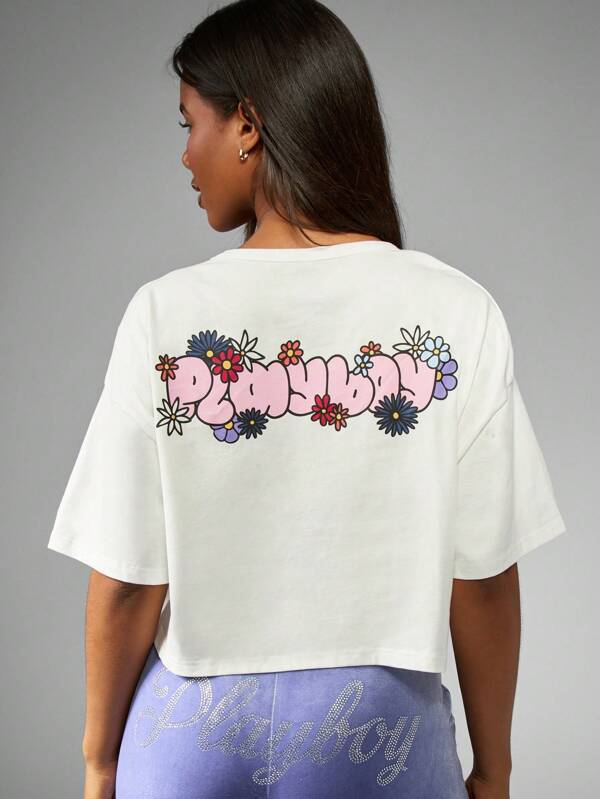 Missguided Missguided X Playboy Floral Graphic Butterfly Print Cropped Cotton Casual T-Shirt