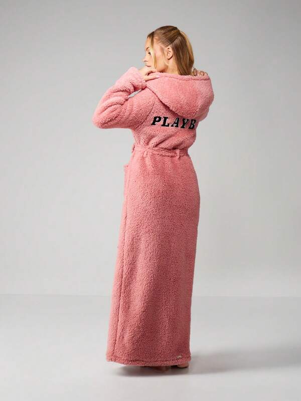 Missguided Missguided X Playboy Fluffy Hooded Bathrobe With Logo Pockets