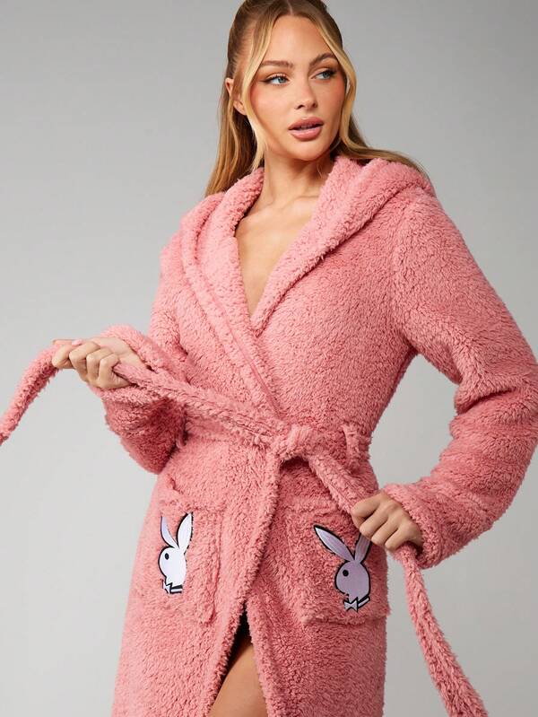 Missguided Missguided X Playboy Fluffy Hooded Bathrobe With Logo Pockets