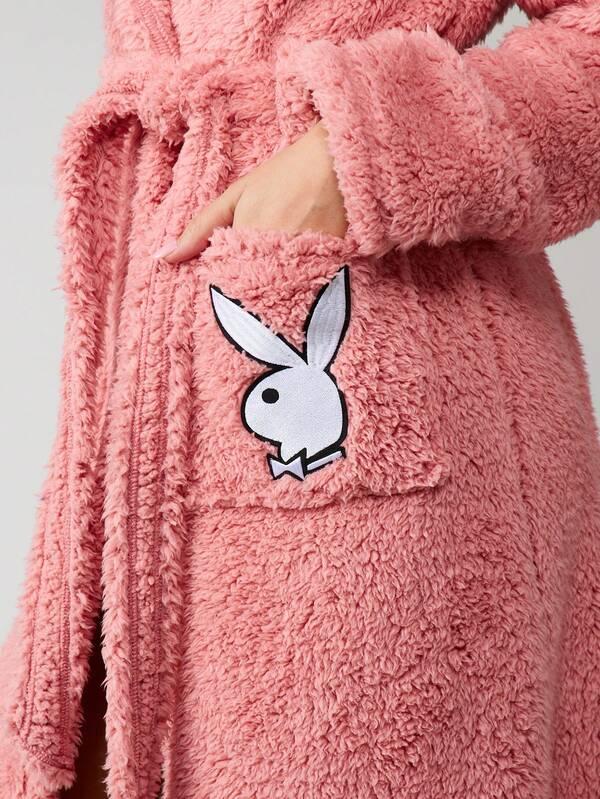 Missguided Missguided X Playboy Fluffy Hooded Bathrobe With Logo Pockets