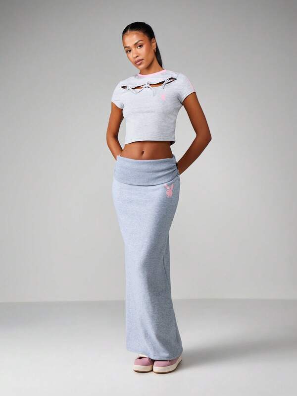 Missguided Missguided X Playboy Fold Over Waistband Maxi Skirt With Bunny Logo