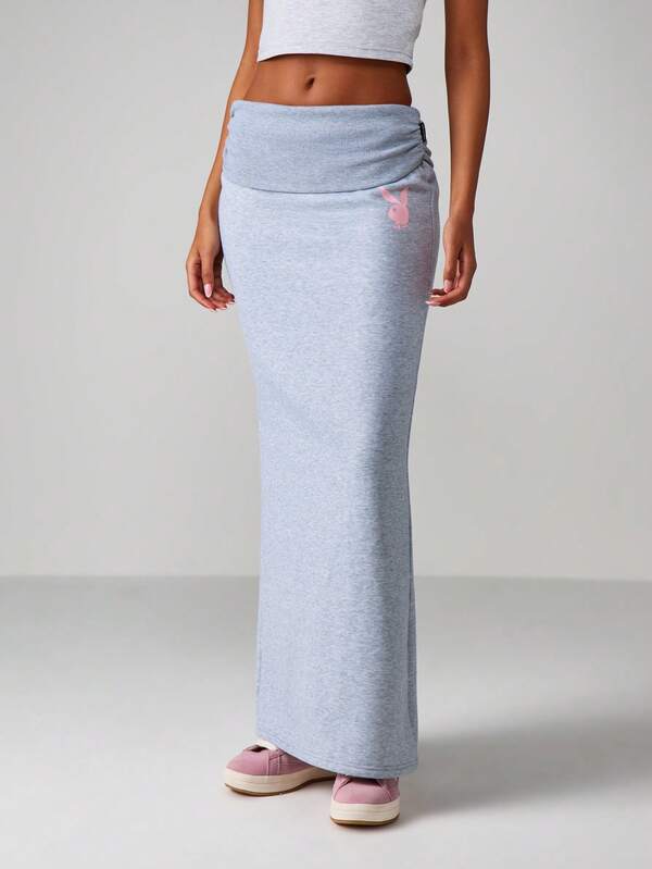 missguided Missguided x Playboy Fold Over Waistband Maxi Skirt With Bunny Logo