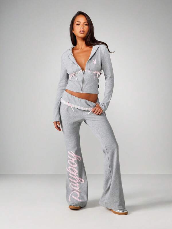 Missguided Missguided X Playboy Folded Waistband Lace Trim Flare Pants