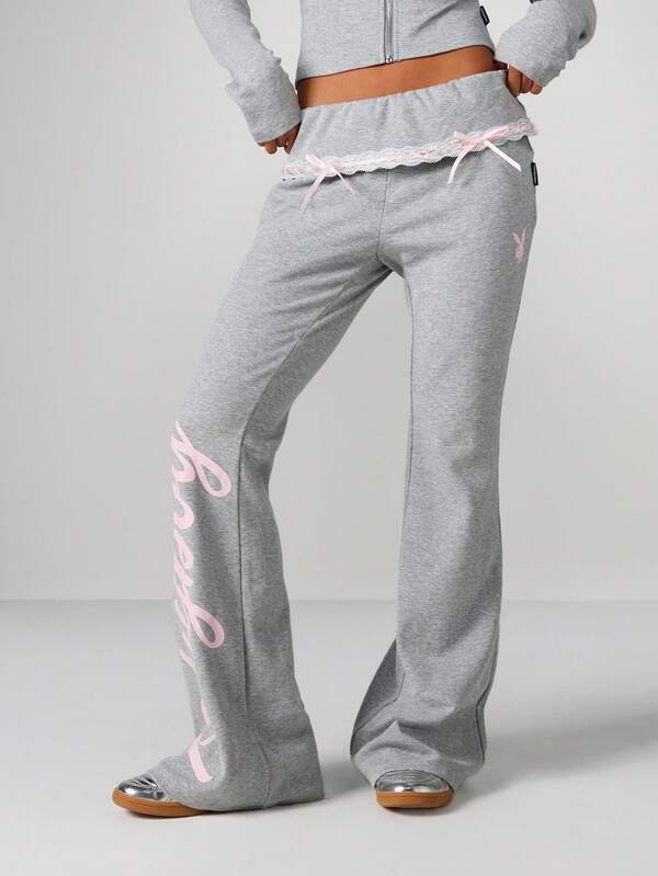 missguided Missguided x Playboy Folded Waistband Lace Trim Flare Pants