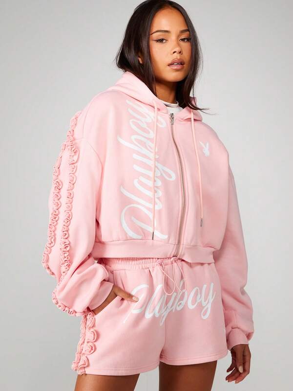missguided Missguided x Playboy Frill Detail Zip Through Hoodie