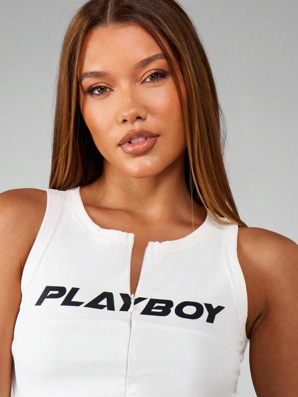 Missguided Missguided X Playboy Front Zip Racerback Tank With Logo
