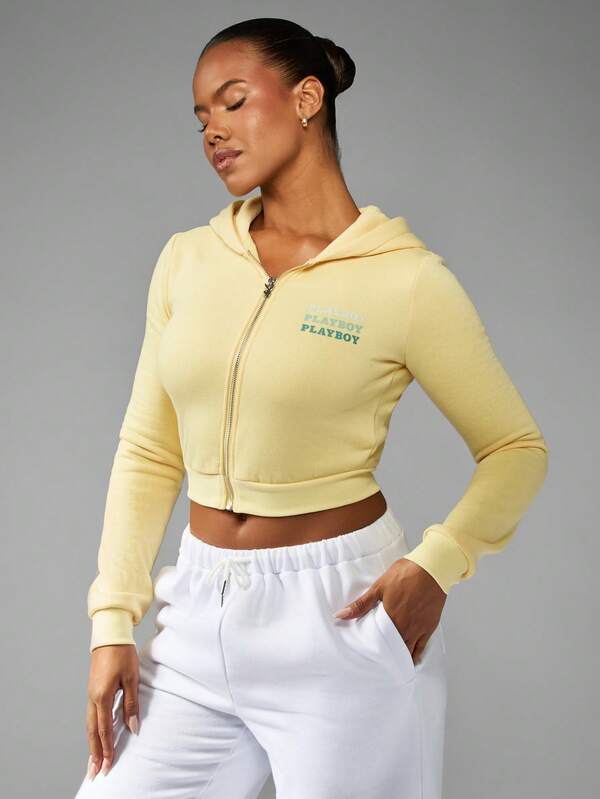 Missguided Missguided X Playboy Full Zip Cropped Hoodie With Text Logo Print