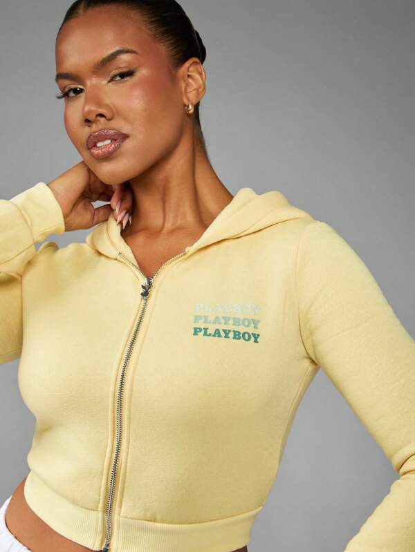 missguided Missguided x Playboy Full Zip Cropped Hoodie With Text Logo Print