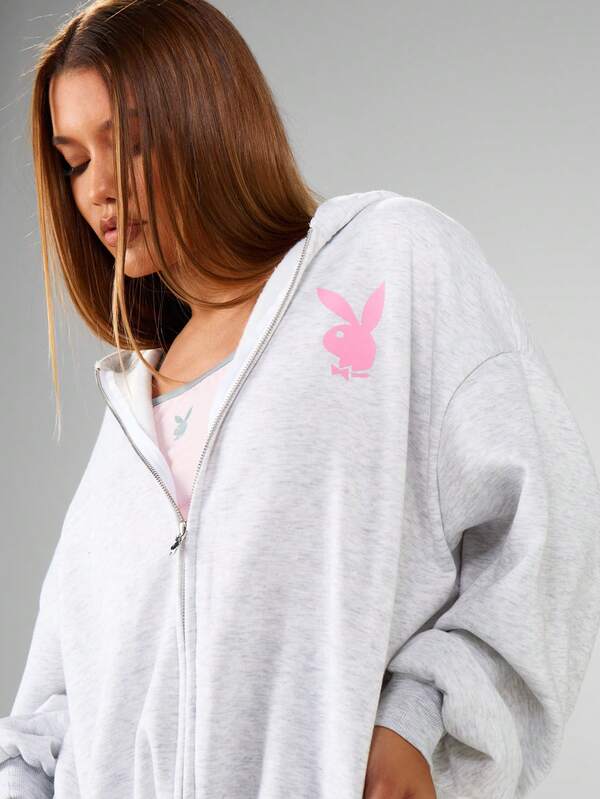 Missguided Missguided X Playboy Full Zip Hoodie With Drawstring Hood