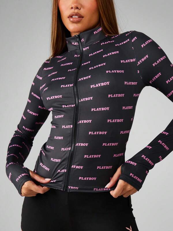 Missguided Missguided X Playboy Full Zip Mock Neck Logo Print Jacket