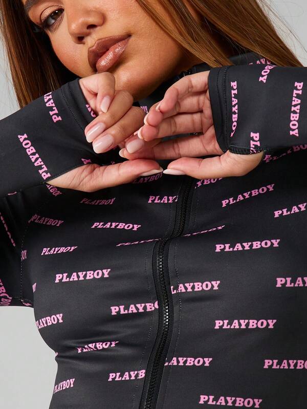 Missguided Missguided X Playboy Full Zip Mock Neck Logo Print Jacket