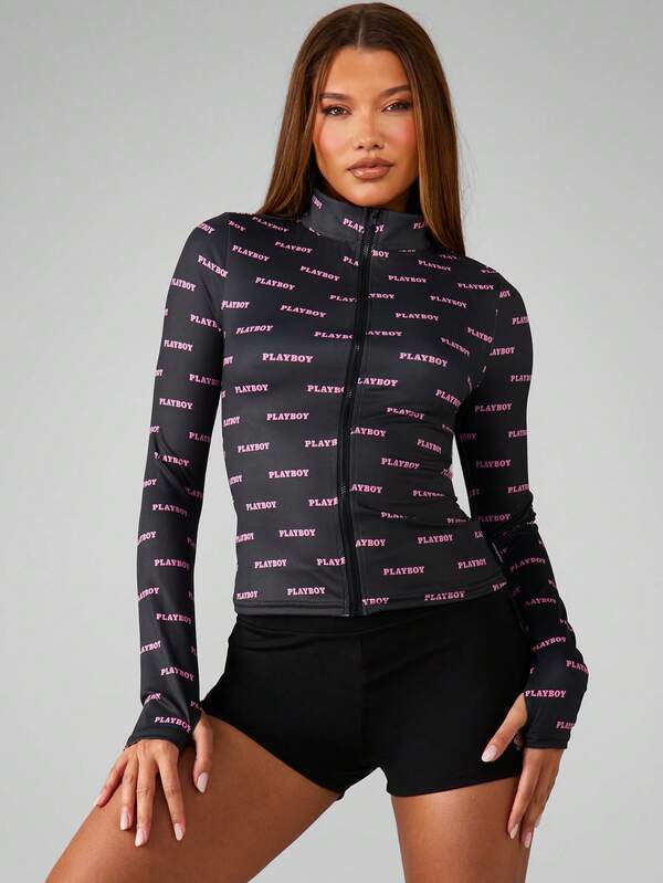 missguided Missguided x Playboy Full Zip Mock Neck Logo Print Jacket