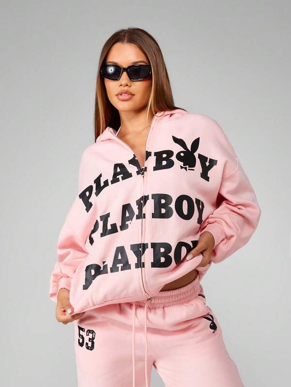 Missguided Missguided X Playboy Full Zip Oversized Hoodie With Logo Print