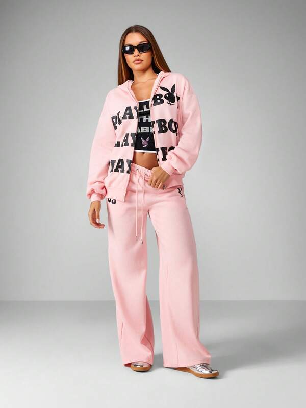 Missguided Missguided X Playboy Full Zip Oversized Hoodie With Logo Print