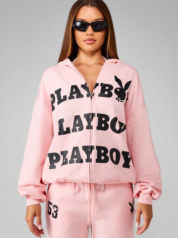 missguided Missguided x Playboy Full Zip Oversized Hoodie With Logo Print