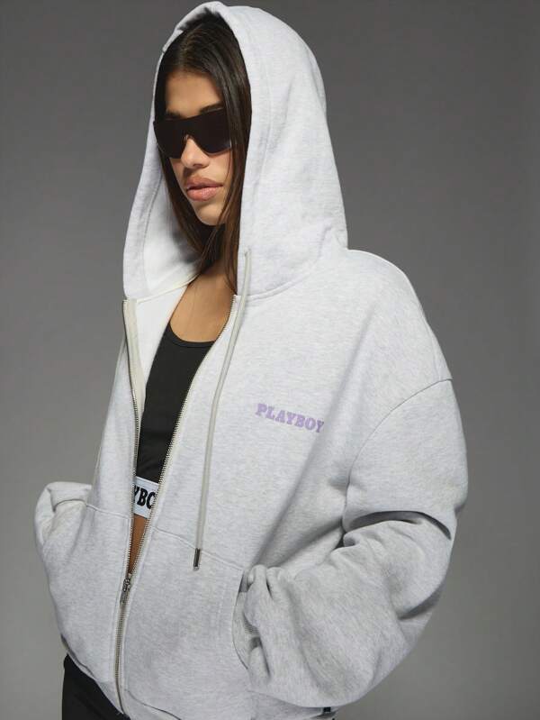 Missguided Missguided X Playboy Full Zip Oversized Vintage Magazine Print Hoodie