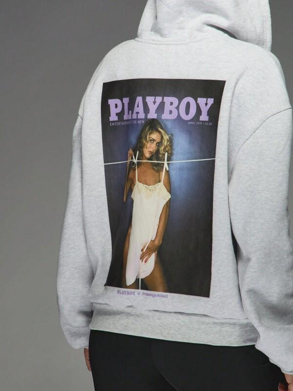 Missguided Missguided X Playboy Full Zip Oversized Vintage Magazine Print Hoodie
