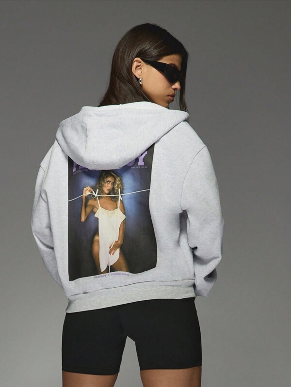 missguided Missguided x Playboy Full Zip Oversized Vintage Magazine Print Hoodie
