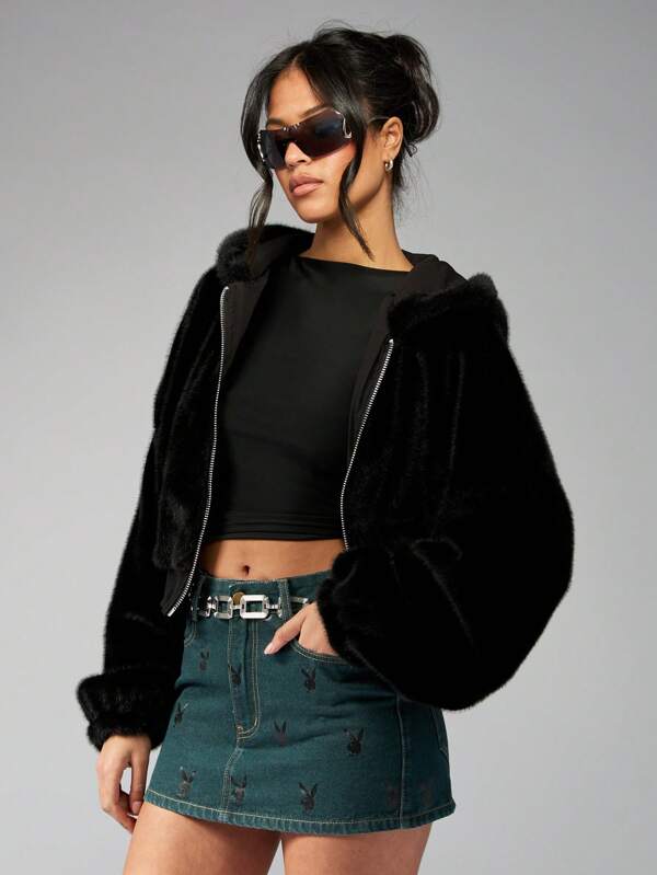 Missguided Missguided X Playboy Fur Logo Oversized Hooded Jacket