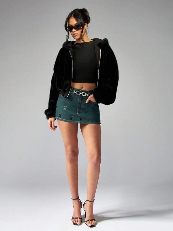 Missguided Missguided X Playboy Fur Logo Oversized Hooded Jacket