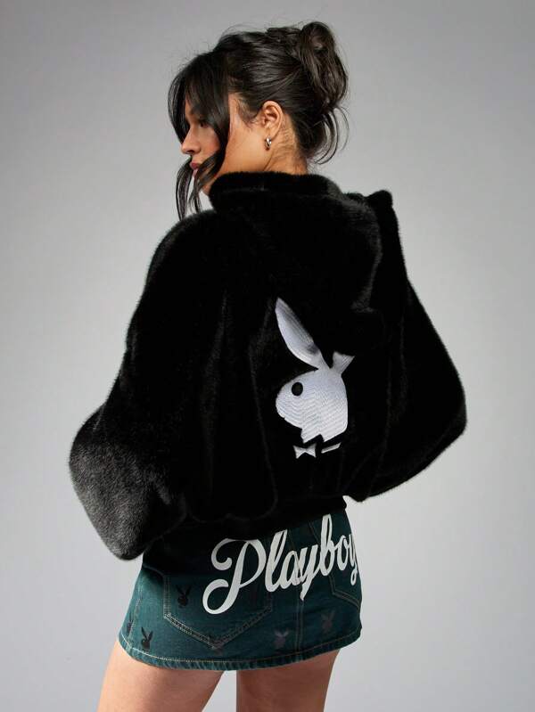missguided Missguided x Playboy Fur Logo Oversized Hooded Jacket