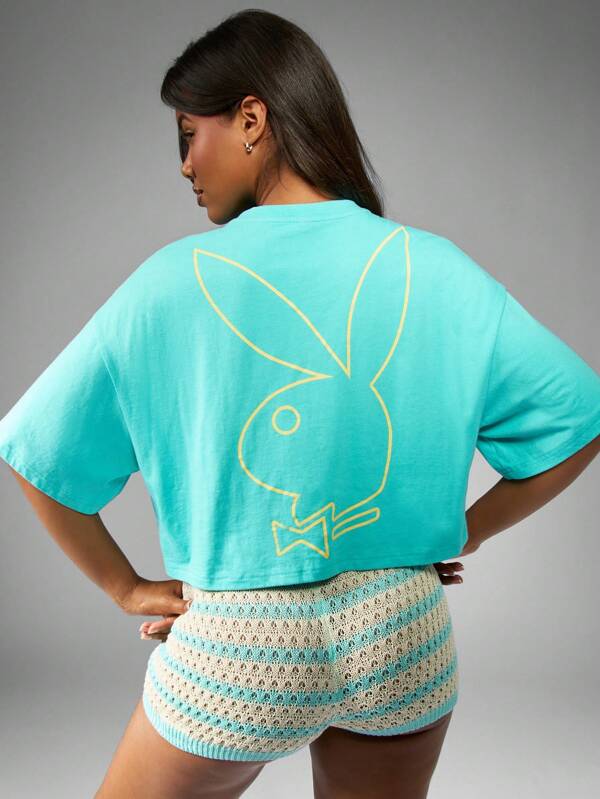 Missguided Missguided X Playboy Graphic Cropped Cotton Jersey T-Shirt