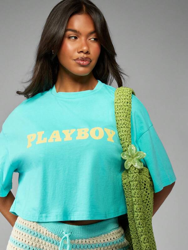 Missguided Missguided X Playboy Graphic Cropped Cotton Jersey T-Shirt
