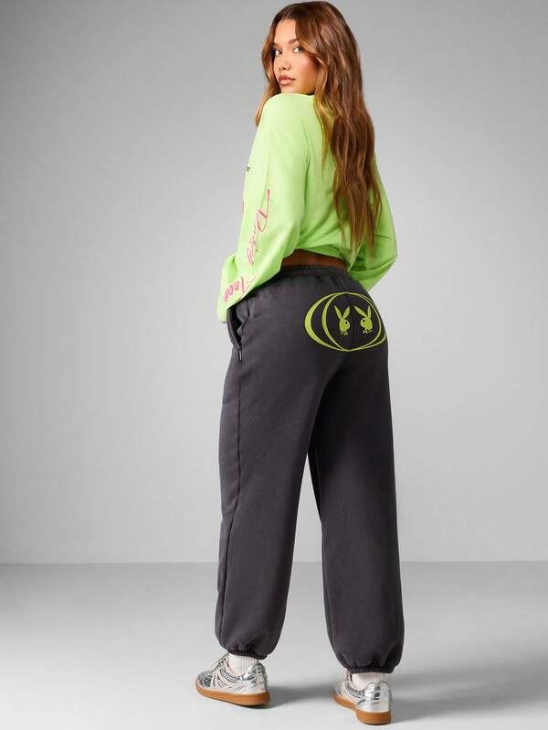 Missguided Missguided X Playboy Graphic Joggers With Elastic Cuffs