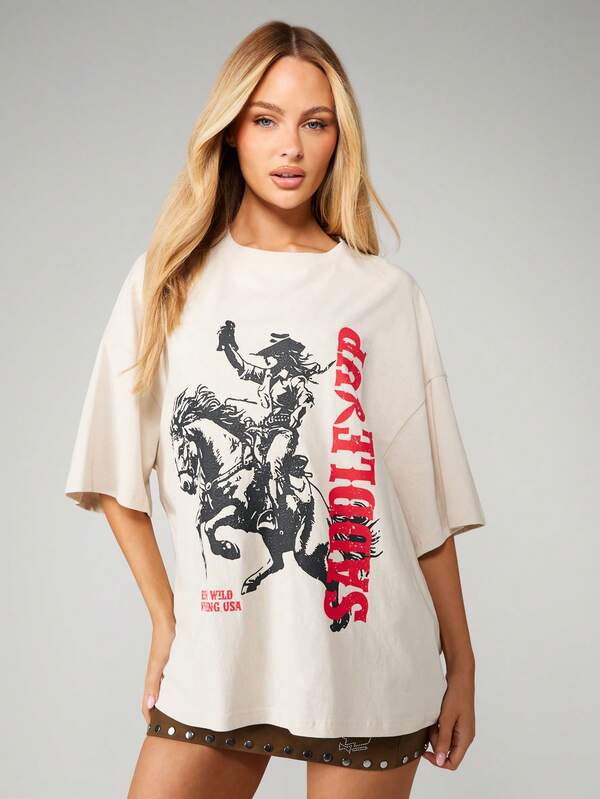 missguided Missguided x Playboy Graphic Oversized Tee With Cowboy Print