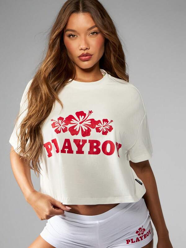 Missguided Missguided X Playboy Graphic Palm Print Crop Style T-Shirt