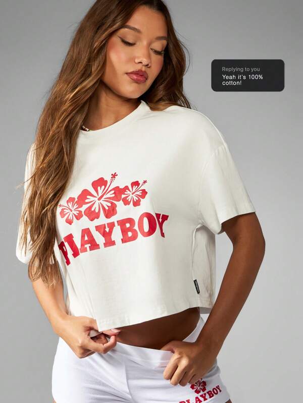 missguided Missguided x Playboy Graphic Palm Print Crop Style T-Shirt