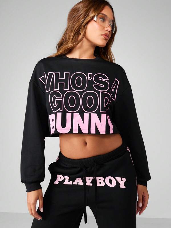 missguided Missguided x Playboy Graphic Print Cropped Sweatshirt With Long Sleeves