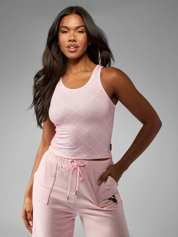 Missguided Missguided X Playboy Grid Pattern Jacquard Racerback Crop Tank Top