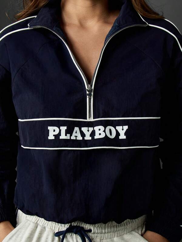 Missguided Missguided X Playboy Half Zip Cropped Jacket With Contrast Piping And Logo