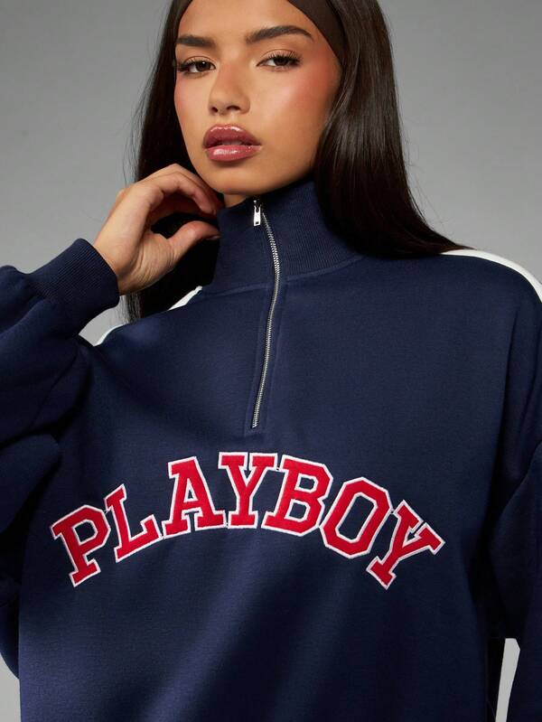 Missguided Missguided X Playboy Half Zip Funnel Neck Sweatshirt With Side Stripes